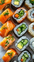 An assortment of vegetarian sushi rolls with avocado, cucumber, and pickled vegetables, cinematic, professional food photography, on white table 