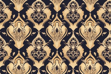 Luxury black and gold damask pattern background with a repeating floral motif