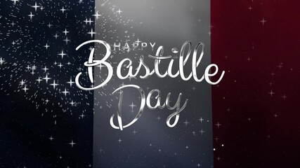Happy Bastille Day Text Animation with French Flag Background. Celebrate Happy Bastille Day on 14th of July. Great for celebrating Bastille Day.