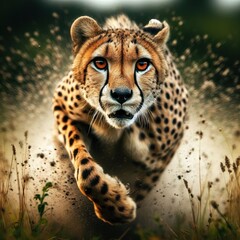 High-speed photography of a Cheetah running fast in the tall grass, motion blur and a fast shutter speed