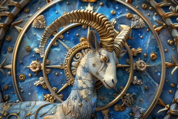 Golden ram representing the astrological sign of aries standing before a beautifully decorated astrological clock