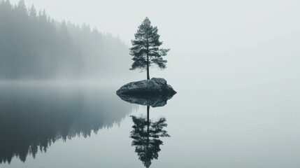 Rocks with trees in a misty forest, mirror-like water reflections, minimalist design, travel and environmental focus, peaceful and calm