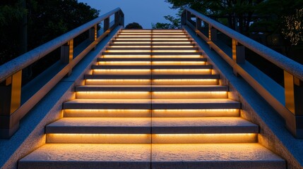 Serene glowing staircase, illuminated in twilight, after sunset, intricate details, warm and...