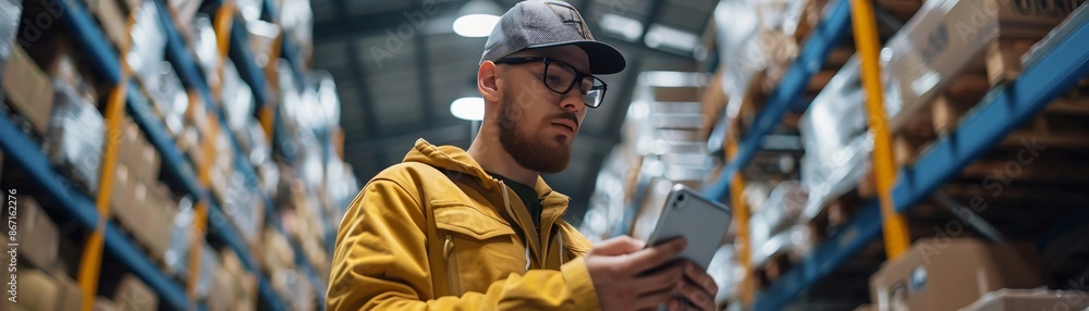 Poster Warehouse worker using handheld device for inventory management in storage facility with shelves filled with boxes and packages.
