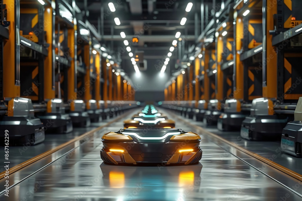 Poster futuristic automated warehouse with advanced robots and high-tech equipment, showcasing innovation i