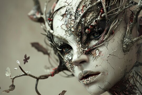 Enigmatic fae creature with cracked skin and intricate horn design