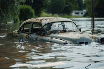 Rusty old car almost completely submerged in flood water after natural disaster