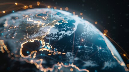 3D globe featuring earth map and connectors, electronic network, dark smoky background, futuristic telecommunication design