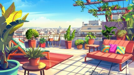  Idyllic Rooftop Garden Oasis. Urban Living with Vibrant Plants and City Views