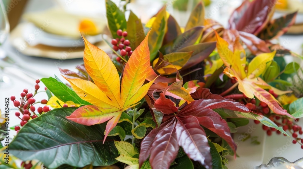 Poster a colorful array of foraged leaves ranging from deep forest green to bright yellow artistically arra