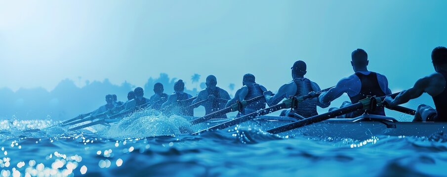 Rowing team in motion at dusk, splashing water, teamwork concept