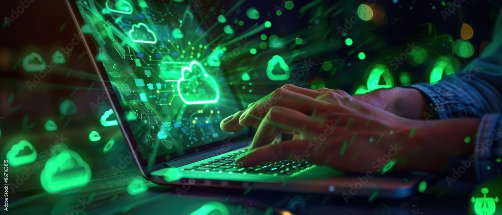 Aufkleber hand typing on laptop with connection cloud computing data transfer