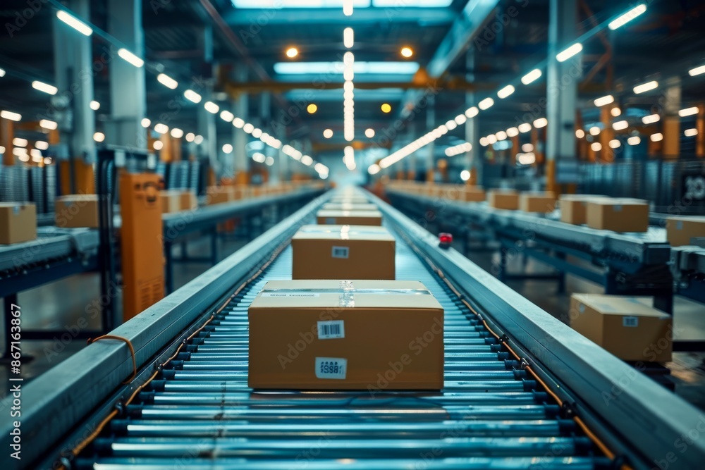 Poster wide shot of an automated conveyor system transporting boxes of finished products through a factory 