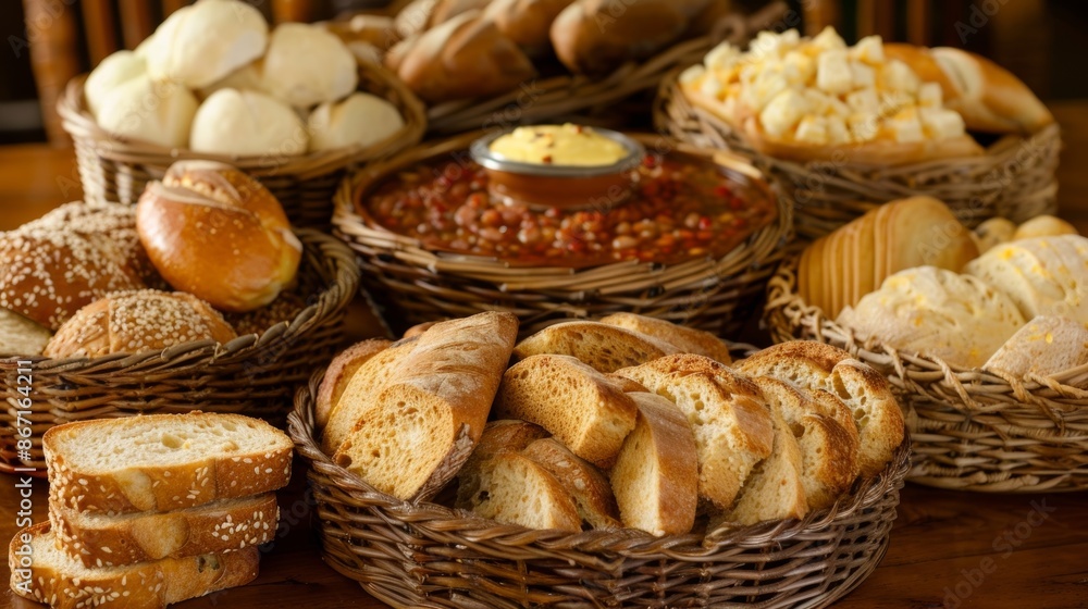 Poster a variety of breads and spreads are displayed on woven baskets inviting guests to dig in.