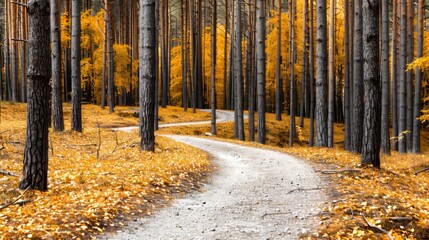 Obraz premium Twisting path through an autumn forest, towering pine trees in the background, vibrant yellow foliage in the foreground, detailed and serene