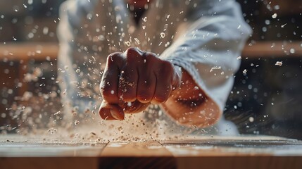 Karate punch breaking board, focus on power and precision