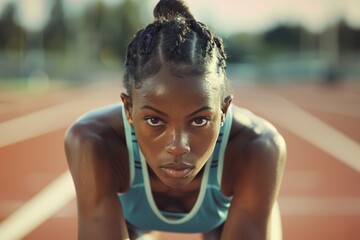 Focused black female athlete on starting block at track