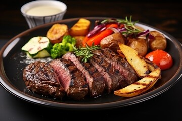 Steak with vegetables on a plate on a dark background