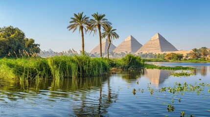 Ancient Egyptian pyramids standing tall amid lush greenery and flooded Nile waters under a clear blue sky