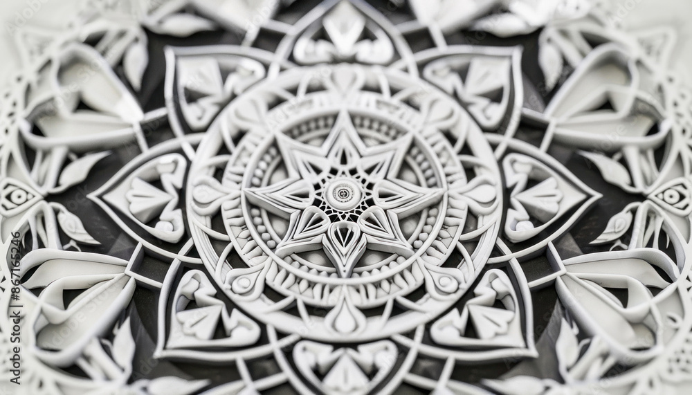 Poster a black and white photo of a circular pattern on a wall with a strong sense of symmetry and style