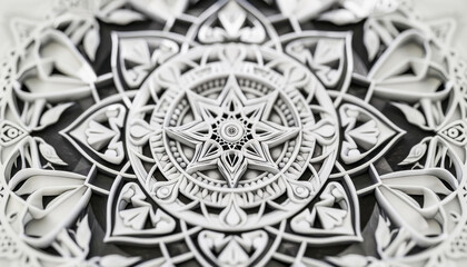 A black and white photo of a circular pattern on a wall with a strong sense of symmetry and style