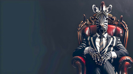 Fototapeta premium Powerful striking portrait of a zebra wearing a formal business suit and glasses sitting regally on a throne against a dark dramatic backdrop This surreal