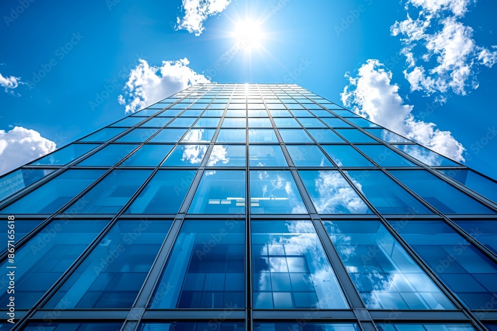 Poster view of a modern skyscraper with solar windows, generating power while providing a sleek architectur