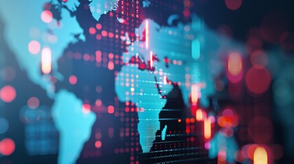 Obraz premium Global economy visualization on a world map, financial trends and market insights, detailed and colorful data, comprehensive and engaging