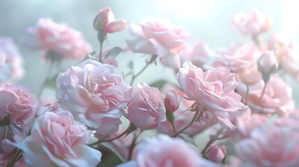 Fototapeta premium Delicate petals: Countless light pink roses with a gently blurred backdrop, emphasizing their soft, pastel hue and tender texture