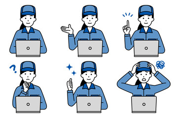 ノートパソコンで仕事をしているつなぎ作業服の女性　セット