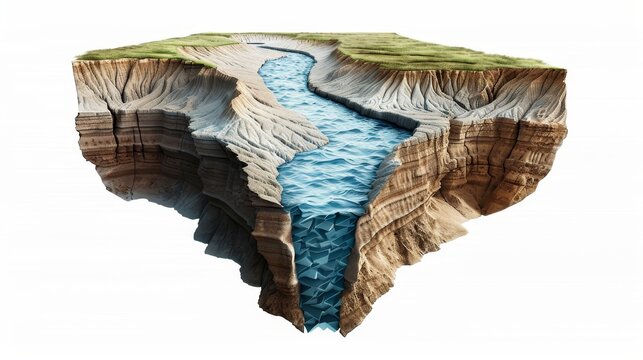 Illustrative process of river terrace formation, depicting fluvial erosion, sediment deposition, and tectonic uplift, detailed earth science context, educational and clear