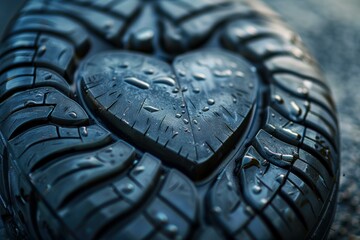 Wet tire tread showing heart shape, symbolizing love for cars and driving