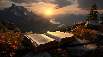 A beautiful sunset scene with a Holy Bible open on a rock, as if someone has paused to read and reflect in nature's embrace