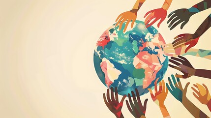 Solidarity among people cross cultural support Global Unity A vibrant illustration showcasing diverse hands reaching towards a colorful globe symbolizing unity support