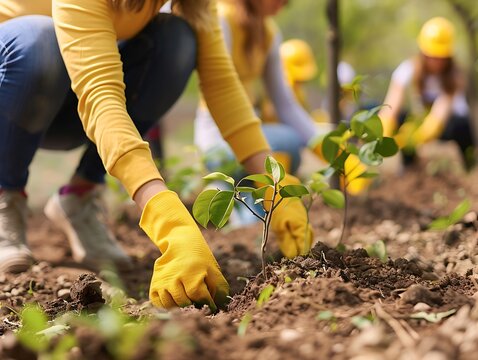 Honor International Nelson Mandela Day with an inspiring image of a diverse group of volunteers planting trees and cleaning up a park, symbolizing community service and environmental care. Copy space - Powered by Adobe