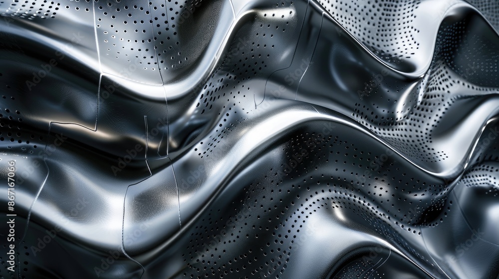 Poster dynamic liquid chrome waves flowing over a textured metal surface, showcasing futuristic design elem