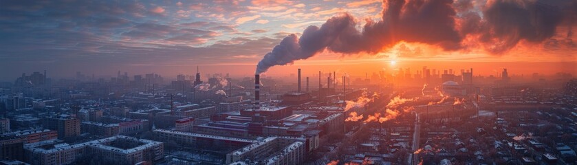 Obraz premium Industrial Landscape at Sunset: Factory Emissions Against a Vibrant Sky Over a SnowCovered City