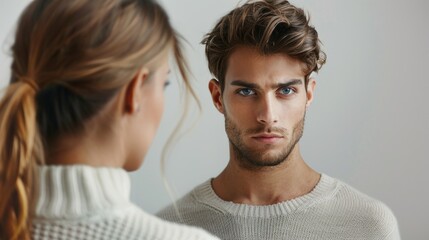 Fototapeta premium Young Man and Woman in Cozy Sweaters Staring Intently - Modern Fashion and Emotive Portraiture