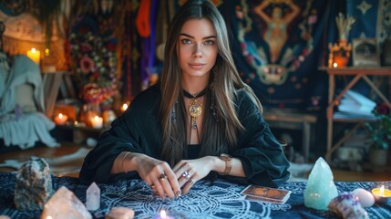 Fototapeta premium Mystical Fortune Teller in Bohemian Atmosphere with Tarot Cards and Crystals
