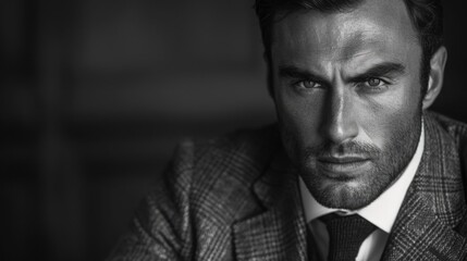 Fototapeta premium Intense Black and White Portrait of Bearded Man in Suit with Focused Expression
