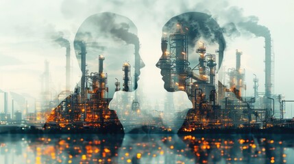 Industrial Reflections: Double Exposure of Human Silhouettes and Pollution at Oil Refinery