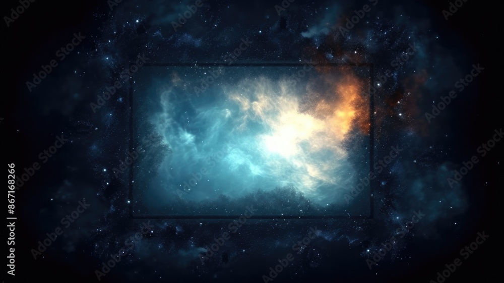 Poster abstract of mysterious geometric shape portal or frame with nebula light release particle or plasma 