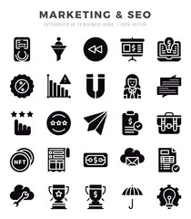 Vector Marketing & SEO types icon set in Glyph style. vector illustration.