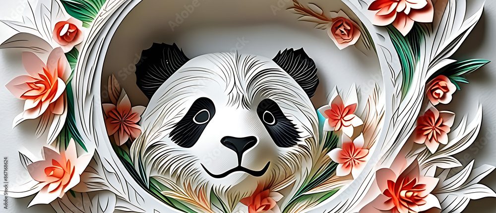 Wall mural panda in a hole of floral white paper art, intricately sculpted with exquisite detail in the hyperre