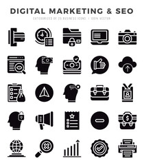 Vector Digital Marketing & SEO types icon set in Glyph style. vector illustration.