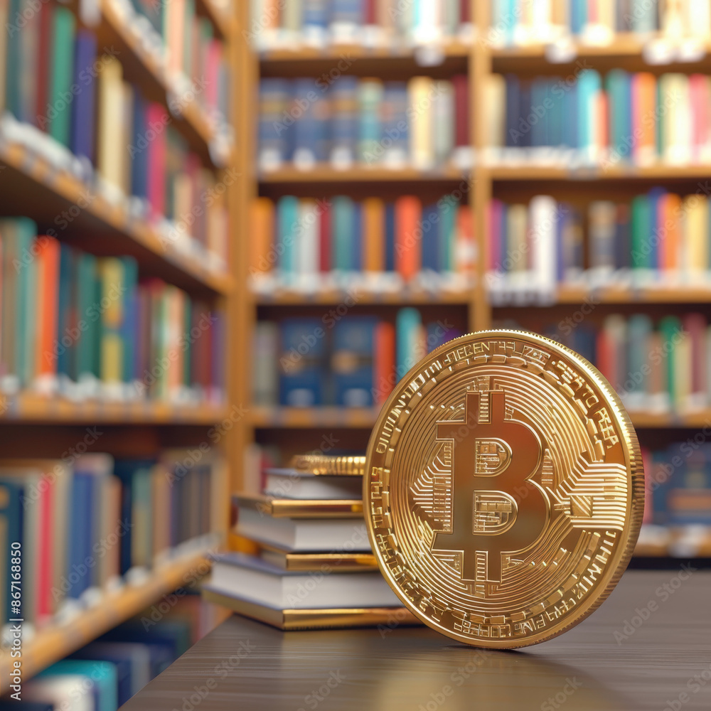 Aufkleber bitcoin symbol coin on stacked books in a library setting with shelves of books in background