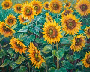 Sunflower field. Agricultural field with yellow sunflowers against the summer landscape. Agrarian farming industry.