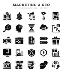 Set of Marketing & SEO icons in Glyph style. Glyph Icons symbol collection.