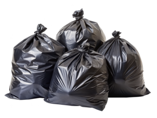 Black Plastic Garbage Bags. Four Large Bags Tied At The Top, Perfect For Household Waste, Featuring A Strong And Durable Material. Isolated on transparent background, png.