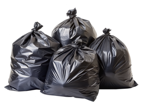 Black Plastic Garbage Bags. Four Large Bags Tied At The Top, Perfect For Household Waste, Featuring A Strong And Durable Material. Isolated on transparent background, png.